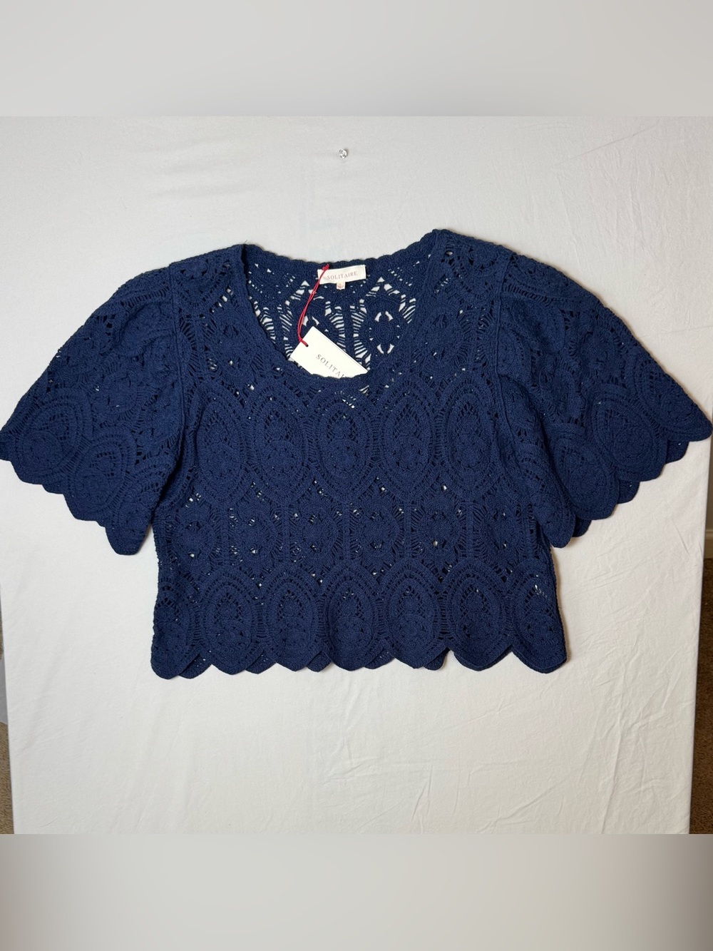 Solitaire Navy Crochet Short Sleeve Sweater Size Large New With Tag